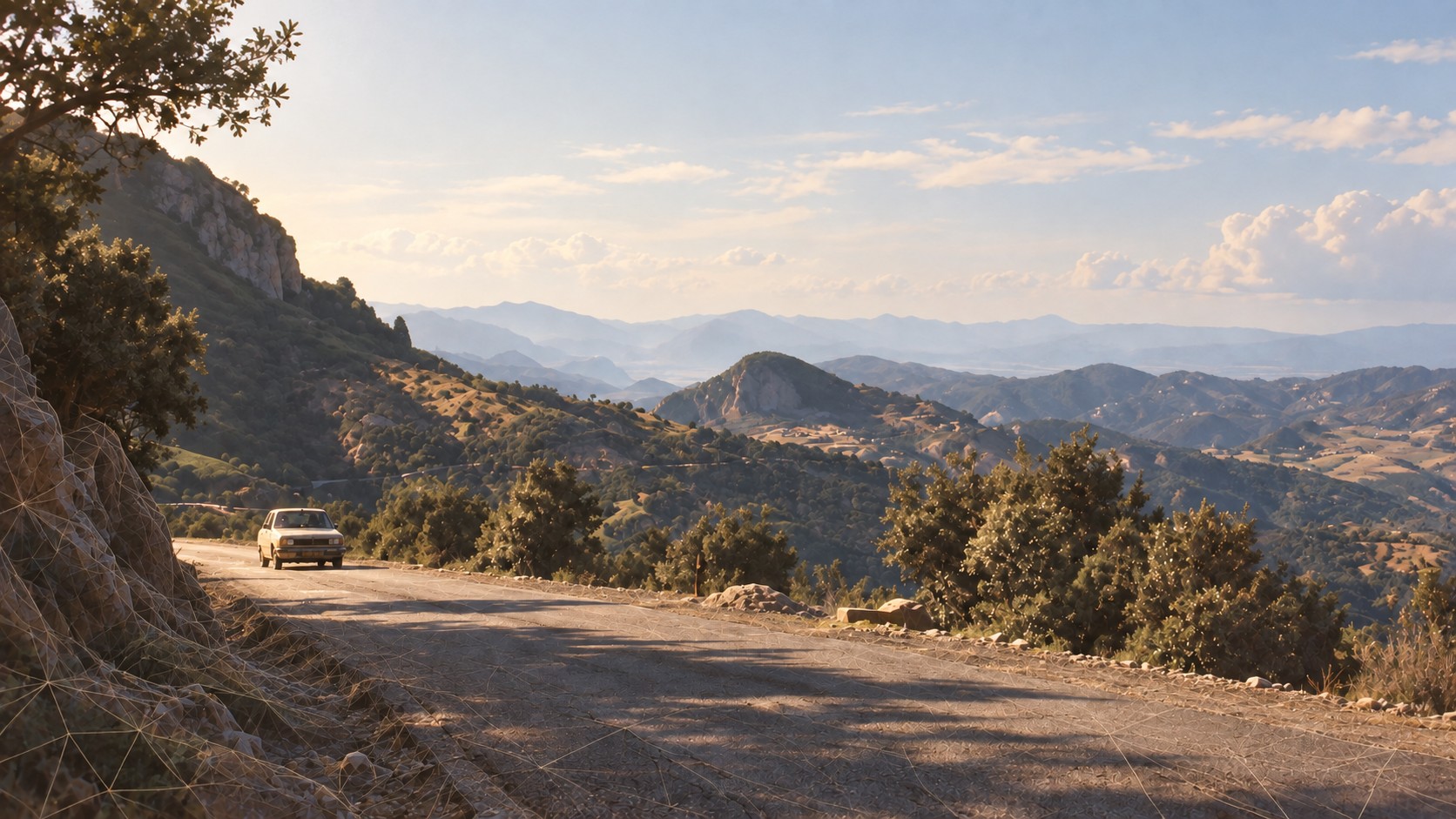 Concept landscape inspired by an Algerian travel photograph: a quiet mountain road winding toward distant hills.