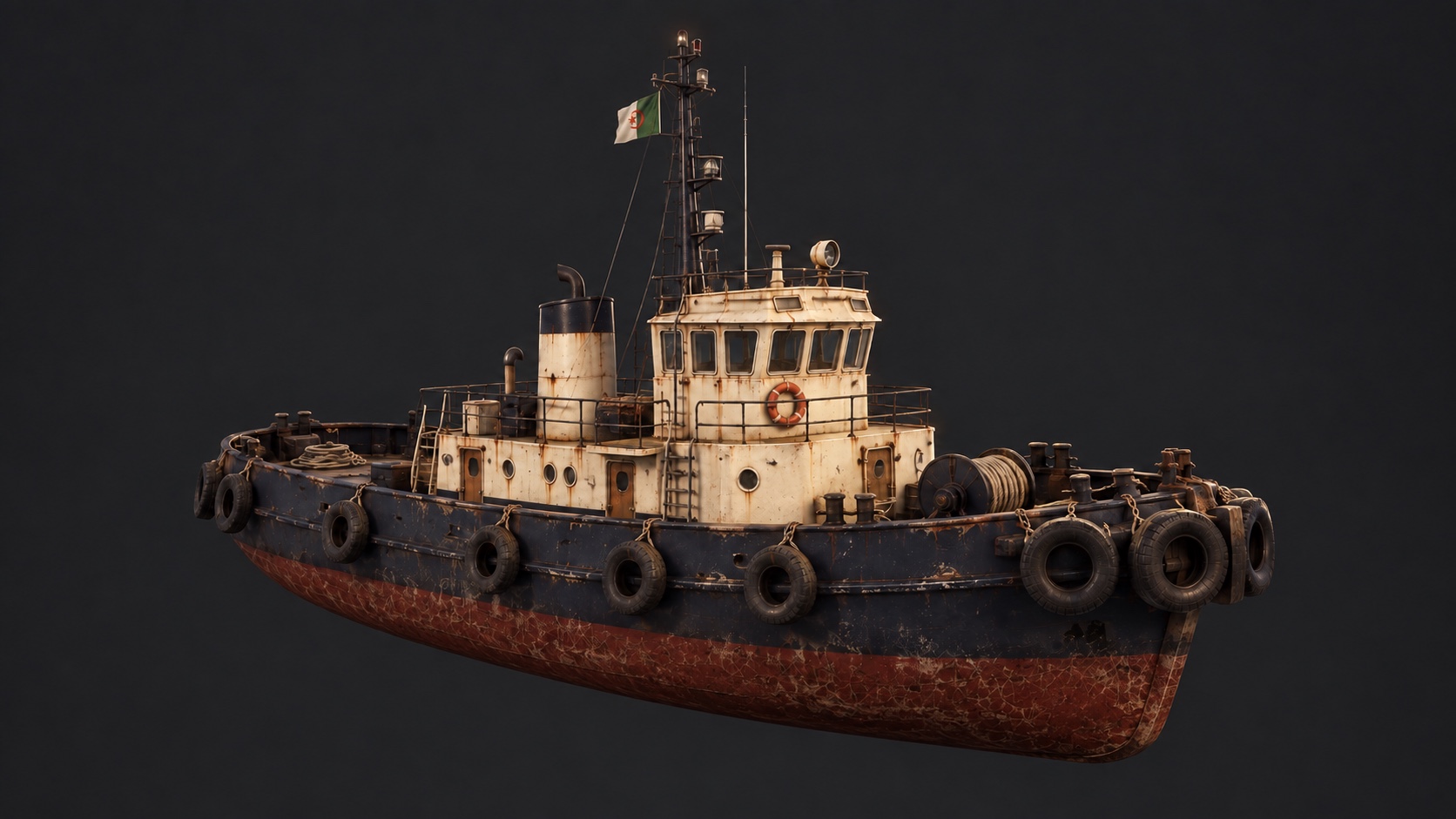 Weathered harbor tugboat concept against a dark background