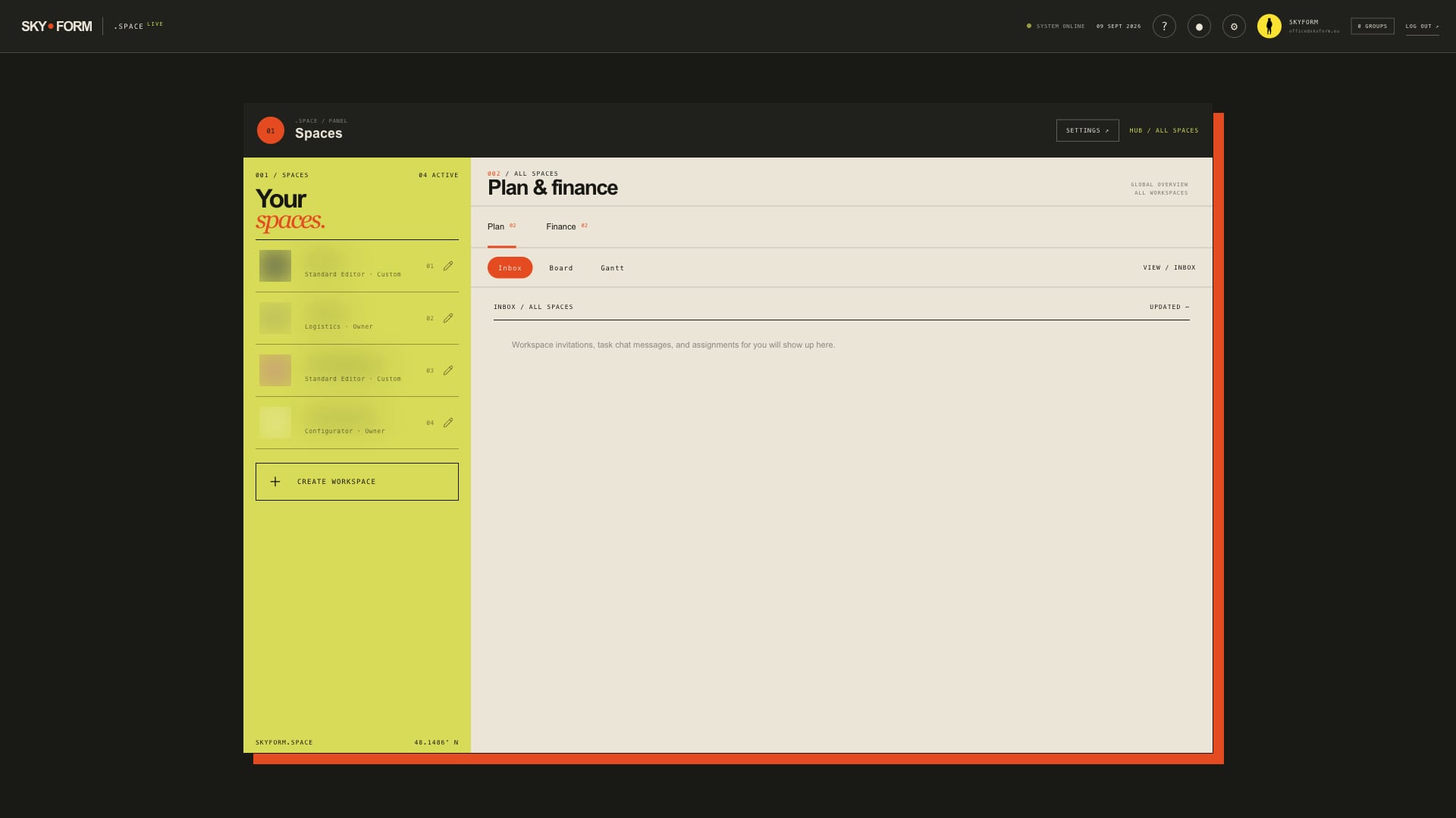 Spaces hub and workspace selection